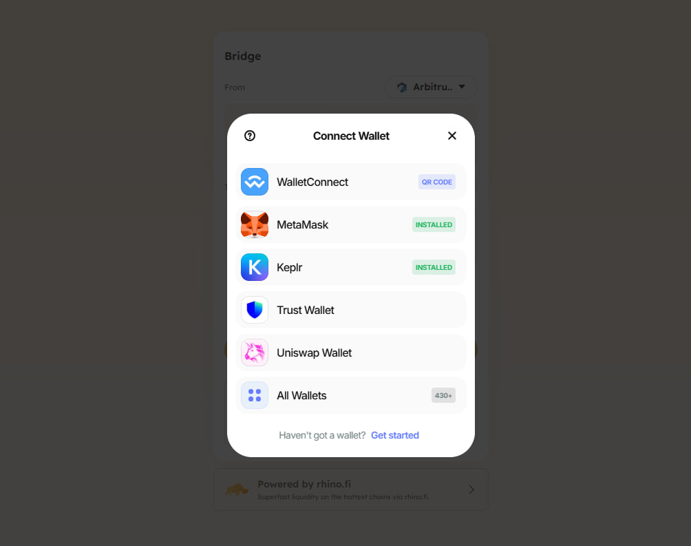 choose wallet option on rhino